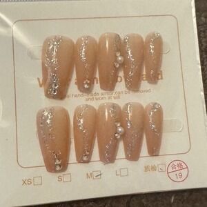 Nude Press‎ On Nails with Rhinestones & Pearls, Short Square Fake Nails